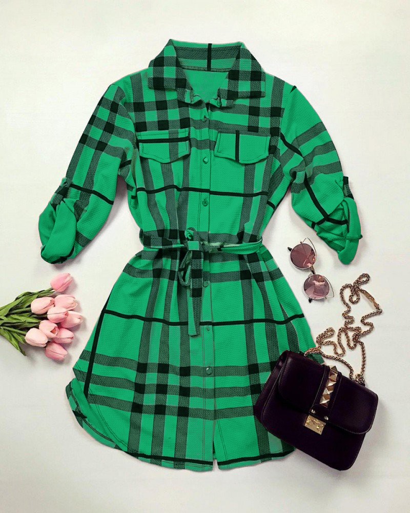 Rochie ieftina casual stil camasa verde si neagra cu dungi si cordon in talie